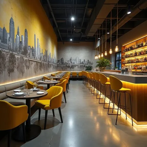  ,a large room with yellow chairs and a bar,arzak,enoteca,bistro,new york restaurant,aranibar,mahdavi