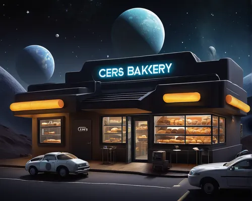 bakery,fast food restaurant,retro diner,galaxy types,bar spiral galaxy,moon car,pâtisserie,cg artwork,fast-food,bakery products,freshly baked buns,pastry shop,cake shop,star kitchen,diner,milkyway,sweet pastries,uber eats,gas planet,pastries,Illustration,Abstract Fantasy,Abstract Fantasy 22
