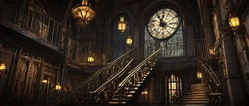 gringotts,theed,staircase,hall of the fallen,dishonored,grandfather clock,bioshock,haunted cathedral,victorian,stairway,staircases,victoriana,ornate room,arkham,labyrinthian,stairwell,diagon,sanctorum,outside staircase,castle of the corvin,Conceptual Art,Fantasy,Fantasy 02