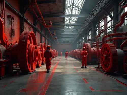 industrial factory, red accent walls, metallic machinery, steel beams, rusty pipes, workers in red uniforms, safety helmets, tool belts, bold red lines on concrete floors, giant red gears, steam punk 