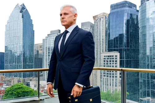 Image profit, businessman, mature man, suit, white shirt, black tie, briefcase, gold watch, confident expression, standing, powerful posture, cityscape background, skyscraper, glass window reflection,