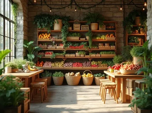 flower shop,farmstand,homegrocer,kitchen shop,greenhouse,greengrocer,grocer,grocers,florist,grocery,village shop,pantry,rustic aesthetic,fruit stand,greengrocers,grocery store,apothecary,indoor,herbology,flower booth,Photography,General,Realistic