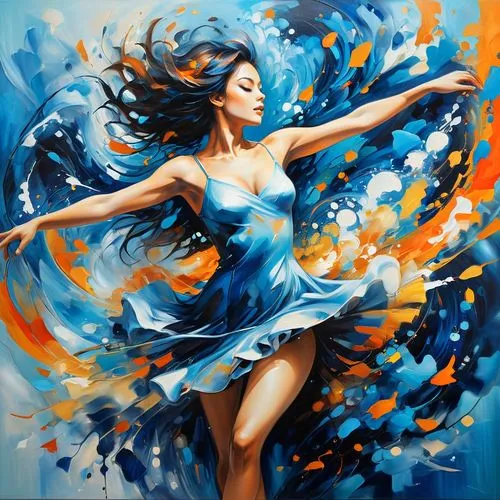 In a surreal scene, an unreal oil painting features a dancer, painted in vibrant, swirling strokes of blue and orange hues. Beside him, their movement conveys a fluid energy and intensity that blends 