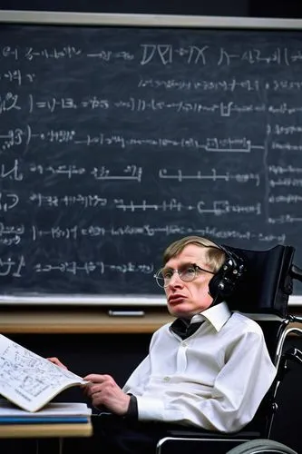 Stephen Hawking, midget, professor, wheelchair, iconic glasses, messy brown hair, intellectual facial expression, white shirt, black trousers, leather gloves, holding a chalk, lecturing, blackboard, c