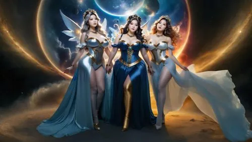 create a photo realistic  image of three beautiful  black, silver, gold haired voluptuous giant-like women that have huge massive bulging and busty breasts. all three women have beautiful detailed ang