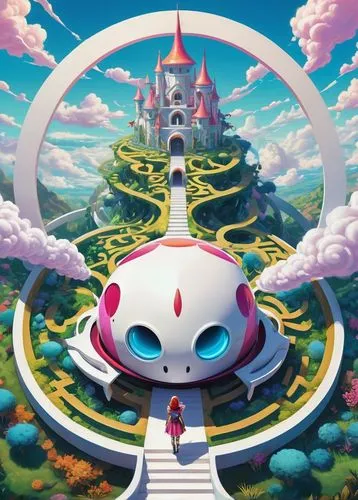 the horizon is filled with three distinct shapes, forming the shape of a playful monster. The circle, a sleek white helmet, stands out against a maze of white clouds. The scene is both playful and str