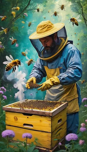 beekeeping,beekeeper,beekeepers,bee keeping,bee-keeping,bee farm,beekeeper's smoker,swarm of bees,beekeeping smoker,bees,beekeeper plant,bee,apiary,bee hive,bee colony,bee colonies,honeybees,pollinate,honey bees,pollinator,Illustration,Realistic Fantasy,Realistic Fantasy 39