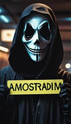 film scream(black GHOST FACE),head turn left,  grasping a sign board contain word 'Amostradim', futuristic, neonpunk, detailed,anonymizer,anonima,atomstroiexport,anonymous,anonimity,aastrom,anonymous 