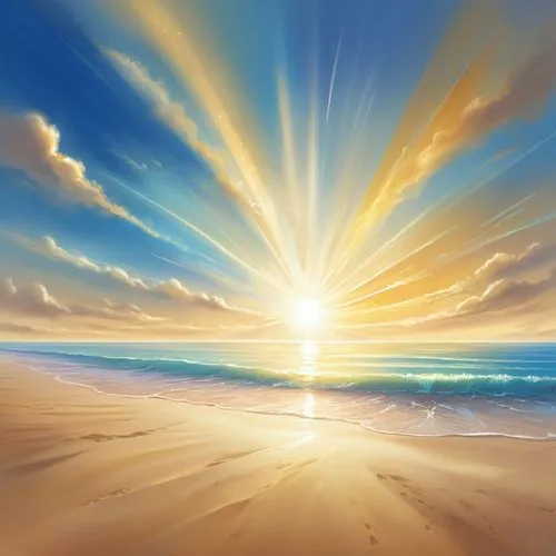 sunburst background,beach landscape,summer background,sun and sea,sunrise beach,landscape background,full hd wallpaper,bright sun,golden sun,beach scenery,dream beach,golden sands,summersun,sunset beach,sunrays,beach background,sunburst,world digital painting,sun rays,sun burst,Illustration,Realistic Fantasy,Realistic Fantasy 01