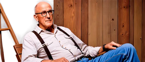 Old man, bald head, wrinkled face, thick eyebrows, white beard, spectacles, worn denim shirt, brown suspenders, faded jeans, black leather belt, scuffed shoes, sitting on a wooden chair, relaxed postu