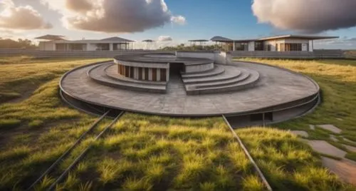 A sober house with predominant Brazilian architecture. It features a burnt cement floor and a ceramic roof, surrounded only by grass and vegetation. The sky above is clear, with few clouds in sight.,r