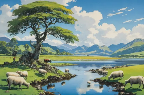 mountain pasture,landscape background,rural landscape,river landscape,mountain scene,meadow landscape,brook landscape,nature landscape,mountain landscape,east-european shepherd,salt meadow landscape,mountainous landscape,natural landscape,farm landscape,high landscape,landscape nature,pasture,alpine pastures,landscape,an island far away landscape,Illustration,Japanese style,Japanese Style 05