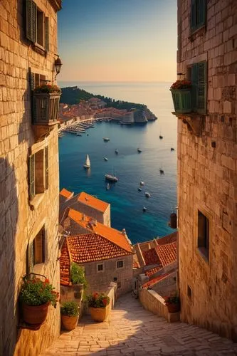 Dubrovnik old town, medieval architecture, red-tiled roofs, white stone buildings, narrow cobblestone streets, ancient city walls, fortifications, towers, grandeur, ornate facades, balconies with intr