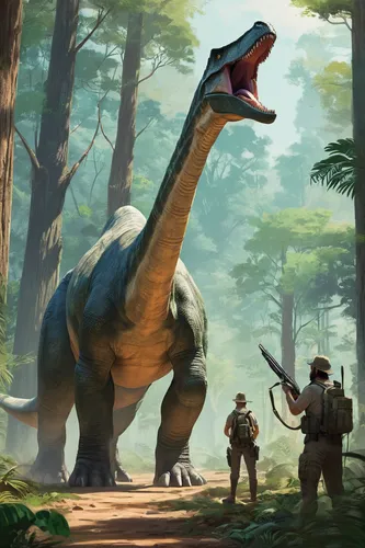 tranquilizer arrows, brontosaurus, dinosaur, prehistoric creature, large scale, thick skin texture, reptilian, massive tail, long neck, herbivore, forest environment, ancient trees, lush foliage, natu