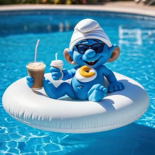 smurf figure,summer floatation,babycino,baby float,inflatable pool,tea zen,tea cup fella,smurf,scandia gnome,mocaccino,blue coffee cups,keep cool,drupal,pool water,plush figure,agua de valencia,aquafaba,poolside,frozen drink,water police