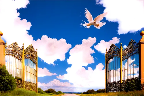 heaven gate,gates,gated,doves of peace,heavenward,bird kingdom,gateway,bird in the sky,bird frame,fence gate,heavenly ladder,cloudstreet,tracery,doves,bird cage,bird bird kingdom,gate,doves and pigeons,iron gate,virtual landscape,Illustration,Realistic Fantasy,Realistic Fantasy 22