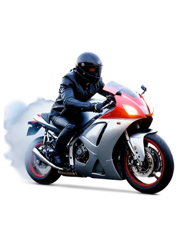 Dynamic motorbike, shiny metallic body, silver exhaust pipe, black leather seat, glowing red headlights, spinning wheels, motion blur, speed lines, smoke trail, intense engine roar, close-up shot, sha