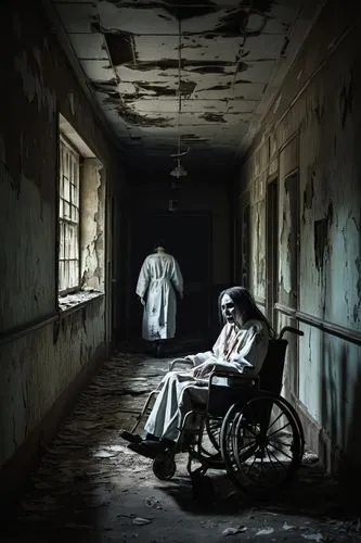 Silent screaming figure, eerie atmosphere, abandoned asylum, dimly lit corridor, walls covered in old peeling paint, broken wheelchairs scattered around, a lone figure with no mouth, pale skin, sunken