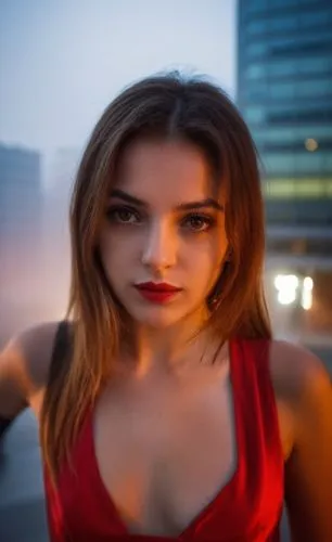 a portrait half body of caucasian girl 22 years old, brown hair, brown eyes, red lips, wearing a red dress stand up in a street of Madrid City close to metro station at sunset in a rainy day in4k,woma