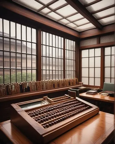 Modern abacus, traditional Japanese enterprise setting, ornate wooden desk, intricate carvings, softbox lighting, shallow depth of field, nostalgic atmosphere, warm colors, retro style, old-fashioned 