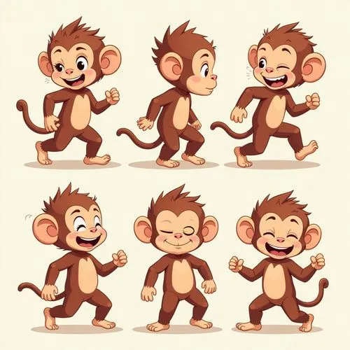 A cheeky, brown monkey with wild hair and a wide grin in different positions like running, walking, crying, looking sad, happy angry,different expressions of a monkey character,monkeys,monkey gang,mac