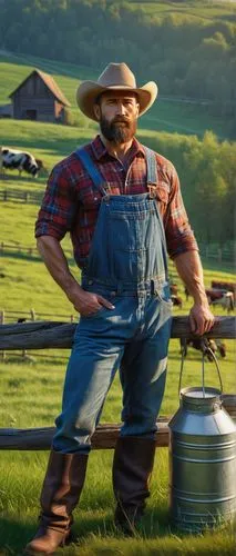 muscular man, milkman, rustic, cowboy hat, thick beard, blue eyes, rugged skin, plaid shirt, worn denim overalls, heavy boots, milk can in hand, standing, rural landscape, green pastures, cows grazing