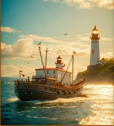 a fishing ship moves to the ligththouse,there is a large boat that is sailing in the ocean,lightkeeper,lighthouses,electric lighthouse,lightship,lightvessel,light house,Illustration,Retro,Retro 13