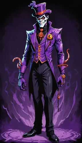 Supervillain inspired by Dr. Facilier from "The Princess and the Frog," reimagined as a master of dark voodoo magic and deception. His full-body suit is a stylish blend of a classic suit and mystical 