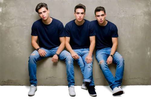 Three guys, different facial expressions, messy short hair, casual clothing, ripped jeans, sneakers, relaxed posture, leaning on wall, soft focus, warm lighting, cinematic composition, shallow depth o