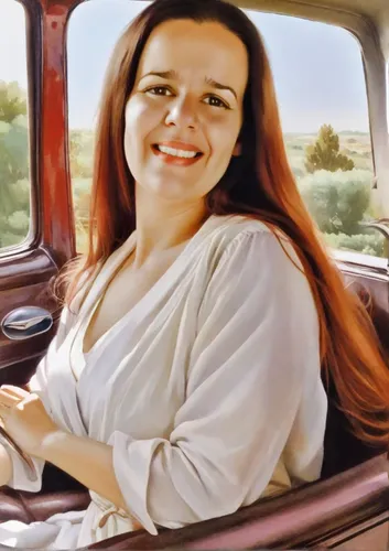 Woman with dark brown eyes, long red hair, driving a car,woman in the car,girl in car,simca ariane,car model,ann margaret,photo painting,dodge la femme,oil painting,portrait of christi,girl and car,bu