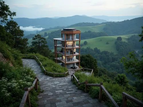 Scenic watching tower, harmonious landscape integration, rolling hills, lush green forests, winding stone pathways, elevated platforms, panoramic views, binocular installations, informative signs, rus