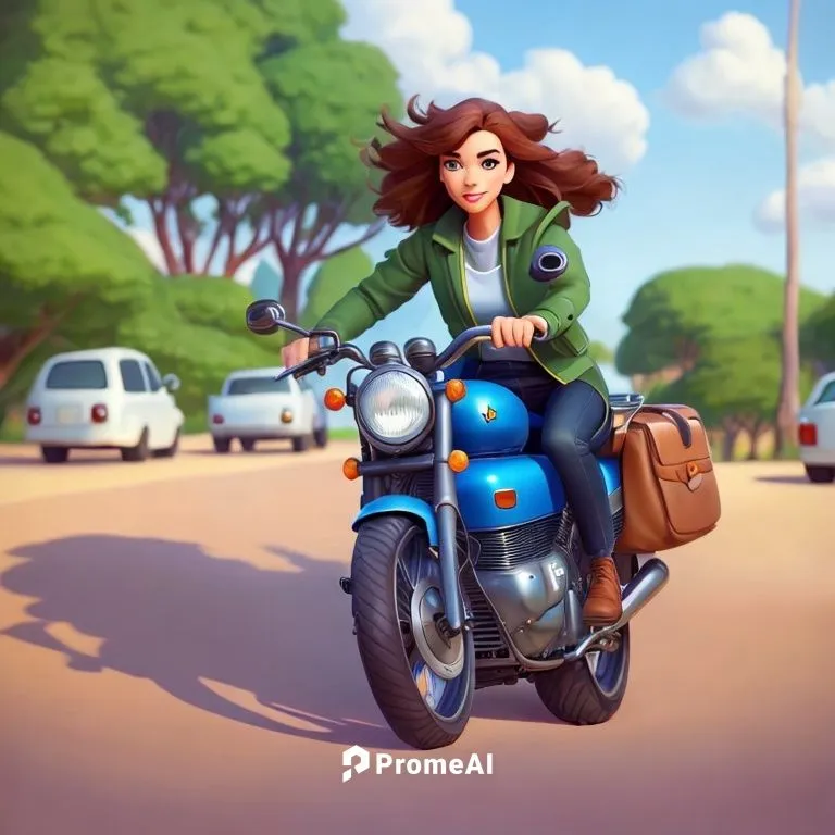 merida,travel woman,woman bicycle,motorbike,cute cartoon character,animated cartoon,motorcycles,scooter riding,motorcycle,cute cartoon image,motorcycle tour,cg artwork,courier driver,traveler,girl wit