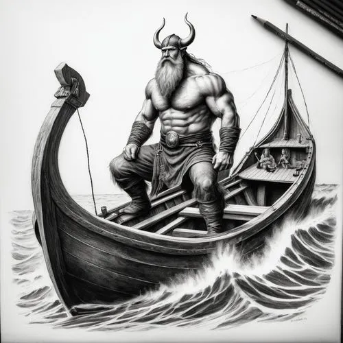 poseidon,viking,vikingskipet,viking ship,aegir,sea god,Illustration,Black and White,Black and White 35