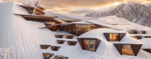   side up shot of resort mass   with engraved rooms in  the mountains.   the resort is   with  planar  sloped, fractured huge triangular  ceiling supported by dark grey steel structure and  cladded in