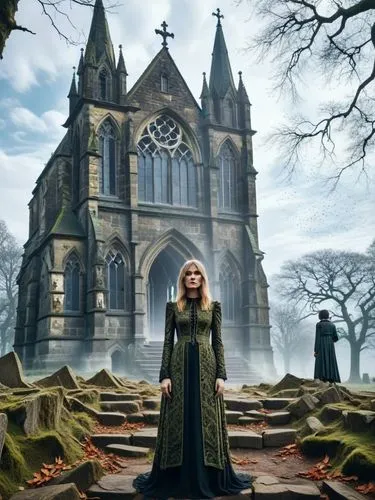 Gothic church façade without any personnel,a woman is standing outside of a church,haunted cathedral,gothic portrait,gothic church,gothic woman,gothic style,gothic