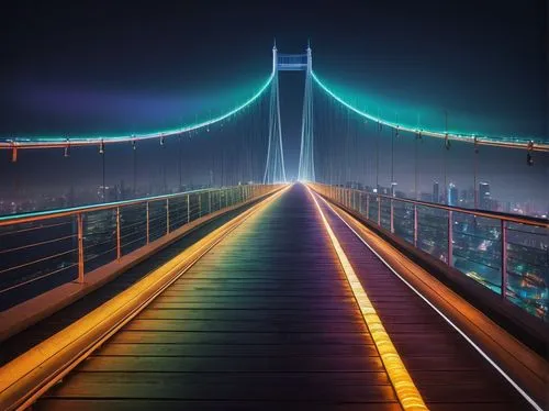 Modern suspension bridge, sleek steel cables, silver pillar supports, curved roadway, urban cityscape background, night scene, colorful LED light strips, misty atmosphere, shallow depth of field, dram