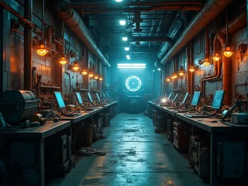 Futuristic workshop, industrial ambiance, dimly lit, metallic walls, neon lights, robotic arms, welding sparks, intricate machinery, copper pipes, steel beams, worn concrete floor, cluttered workbench