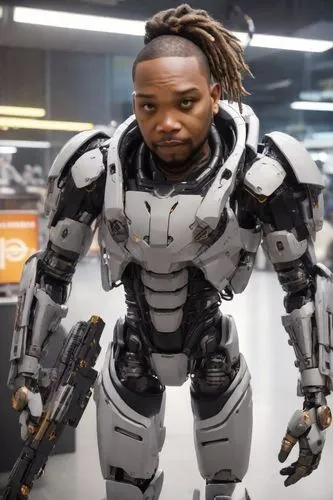 Stocky build, bald fade on top of head with dreadlocks in the back ,robocop,war machine,cyborg,mccluster,technirama,irobot,mechtild,meka,cyrax,robotman,robotham,armiger,ronaldhino,robota,marshawn,robo