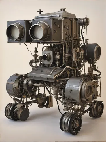 Craft a romantic comedy where a quirky inventor invents the klystron9.,theodolite,movie camera,twin lens reflex,twin-lens reflex,film projector,camera illustration,scrap sculpture,model kit,double hea