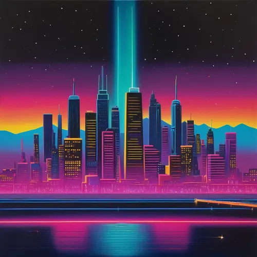 cityscape,city skyline,skyline,city lights,colorful city,80s,futuristic landscape,1980s,san diego skyline,80's design,metropolis,city at night,fantasy city,city in flames,citylights,los angeles,1986,1982,evening city,city,Art,Artistic Painting,Artistic Painting 26