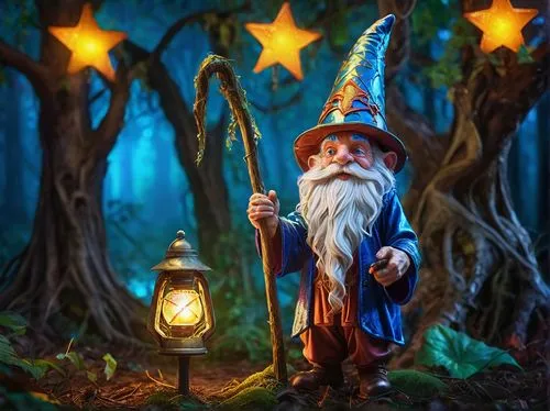 Gnome, wizard, old man, long white beard, pointy hat, golden star on forehead, wispy eyebrows, blue eyes, wrinkles, aged skin, wooden staff, lantern, misty forest, twilight, mushrooms, vines, ancient 