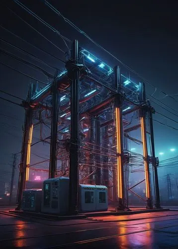 Modern electrical substation, futuristic, sleek design, metallic structure, neon lights, glowing circuits, high-voltage transformers, towering transmission lines, urban cityscape background, night sce