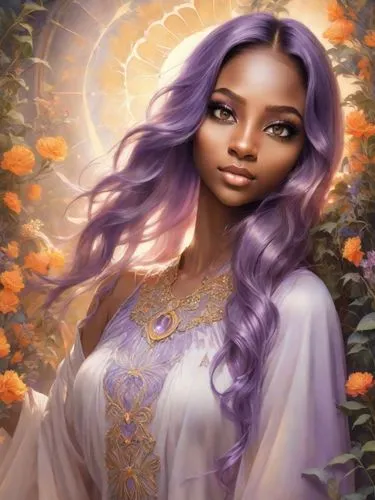 a woman wearing an intricate dress standing near flowers,oshun,ororo,baoshun,zodiac sign libra,golden lilac,lilac blossom