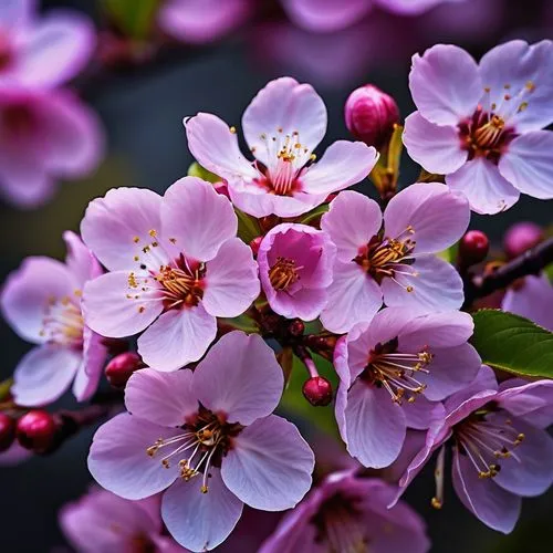 A brightly lit close-up of purple cherry blossoms in full bloom against a dark, glittering background reminiscent of the endless expanse of space. The delicate petals of the flower emit a fluorescent 