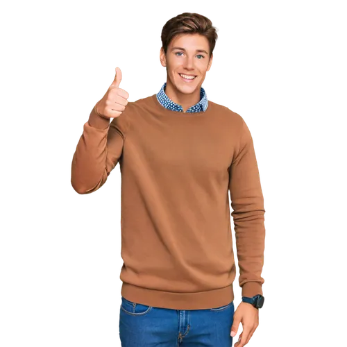 YouTuber, male, 25yo, energetic, thumbs up, bright smile, messy brown hair, blue casual shirt, grey jeans, white sneakers, standing in front of green screen, enthusiastic gesture, direct eye contact, 