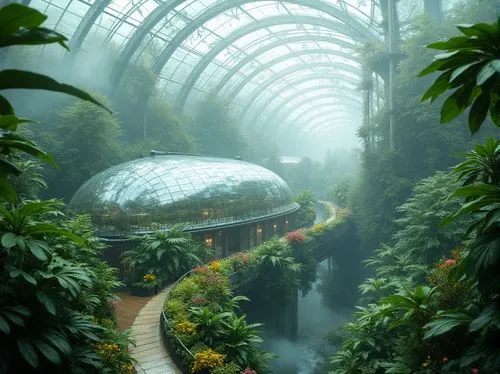 Futuristic greenhouse, lush tropical plants, iridescent glass domes, misty atmosphere, soft diffused lighting, hydroponic systems, aerodynamic curves, sustainable energy harvesting, solar panels, wind