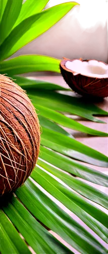 Coconut still life, solo, brown coconut skin, green leaves, tropical atmosphere, warm sunlight, shallow depth of field, 3/4 composition, soft focus, realistic texture, HDR, morning dew, close-up shot.