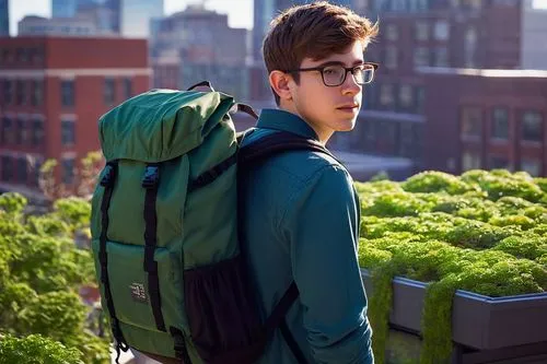 Emil, male, 25yo, short brown hair, glasses, casual wear, backpack, standing, Boston Architectural College, modern architecture, green roof, solar panels, rainwater harvesting system, vertical garden,