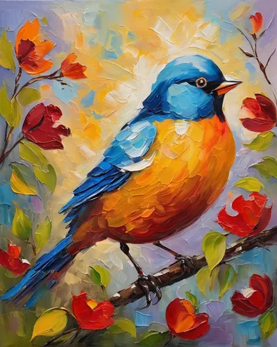 bird painting,blue birds and blossom,blue bird,spring bird,colorful birds,oil painting on canvas,tanager,oil painting,bluebird,bird robin,decoration bird,nature bird,birds gold,ornamental bird,yellow robin,western bluebird,little birds,humming birds,bird on branch,finch,Conceptual Art,Oil color,Oil Color 22