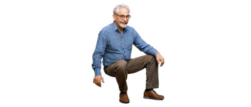 Old, mature, kind-eyed, gentle smiling, wrinkled face, silver hair, mustache, glasses, casual wear, plaid shirt, dark pants, brown shoes, sitting, relaxed posture, warm atmosphere, soft focus, natural